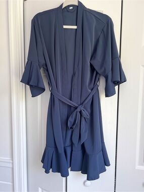 Navy Blue Ruffle Sleeve Wrap Dress